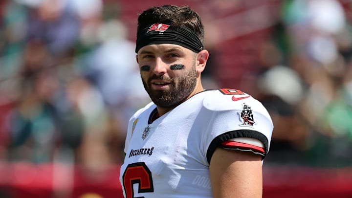Tampa Bay Buccaneers quarterback Baker Mayfield prior to the game against the Philadelphia Eagles.