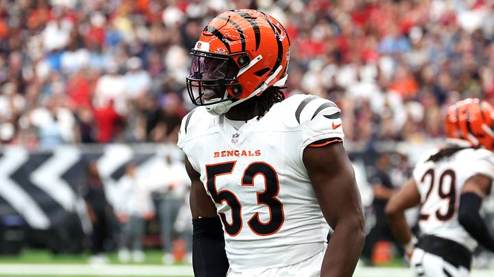 Sep 20, 2026; Houston, Texas, USA;  Cincinnati Bengals defensive end Boye Mafe (53) reacts after a play during the first quarter against the Houston Texans at Reliant Stadium.  Mandatory Credit: Thomas Shea-Imagn Images