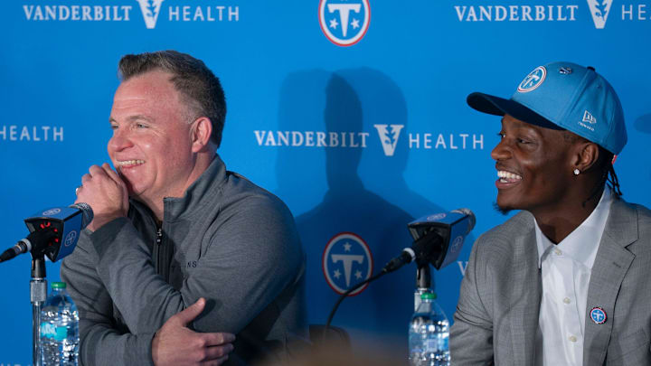 Tennessee Titans first round draft pick Carnell Tate, right, fields questions from the media with Mike Borgonzi, general manager, at Vanderbilt Health Football Center Friday, April 24, 2026.