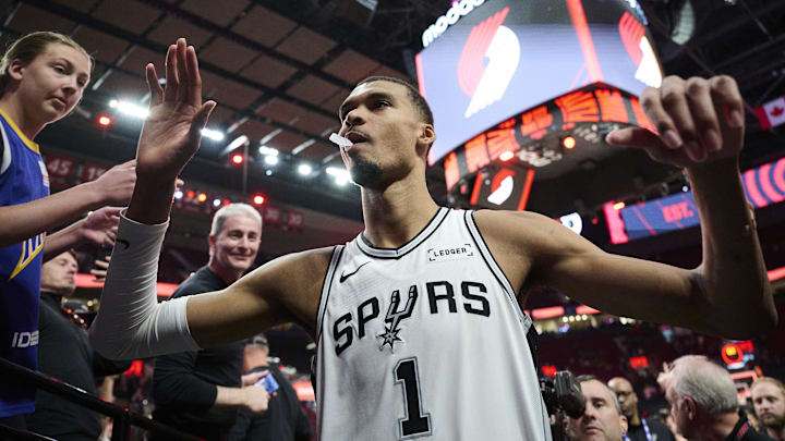 Apr 26, 2026; Portland, Oregon, USA; San Antonio Spurs forward Victor Wembanyama (1) walks off the court after a game against the Portland Trail Blazers during Game 4 of the first round of the 2026 NBA Playoffs at Moda Center. 