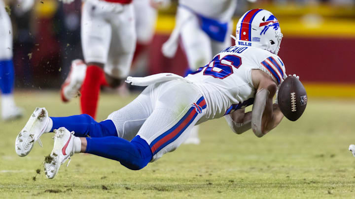 Buffalo Bills tight end Dalton Kincaid drops a pass during the AFC Championship. Buffalo Bills tight end Dalton Kincaid drops a pass during the AFC Championship.