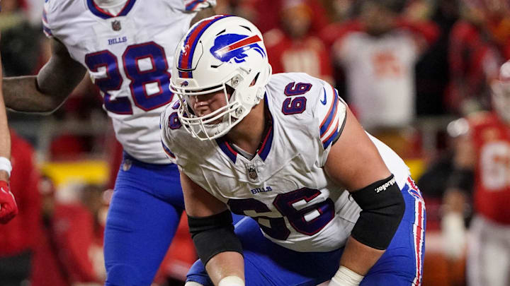 Dec 10, 2023; Kansas City, Missouri, USA; Buffalo Bills guard Connor McGovern (66) at the line of scrimmage against the Kansas City Chiefs during the game at GEHA Field at Arrowhead Stadium. Mandatory Credit: Denny Medley-Imagn Images