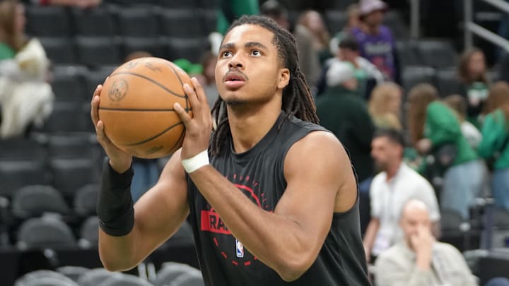 Apr 5, 2026; Boston, Massachusetts, USA;  Toronto Raptors forward Collin Murray-Boyles (12) warms up prior to the game against the Boston Celtics at TD Garden. Mandatory Credit: Gregory Fisher-Imagn Images