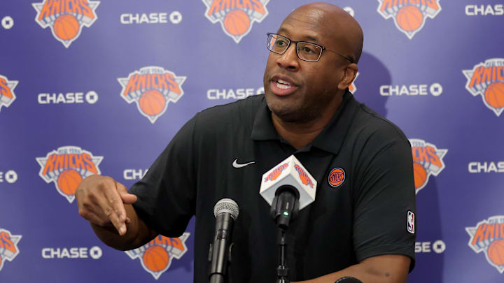 Sep 23, 2025; New York, NY, USA; New York Knicks head coach Mike Brown speaks to the media during a media day press conference at the Madison Square Garden training center. Mandatory Credit: Brad Penner-Imagn Images