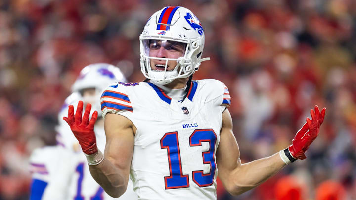 Jan 26, 2025; Kansas City, MO, USA; Buffalo Bills wide receiver Mack Hollins (13) against the Kansas City Chiefs during the AFC Championship game at GEHA Field at Arrowhead Stadium. Mandatory Credit: Mark J. Rebilas-Imagn Images