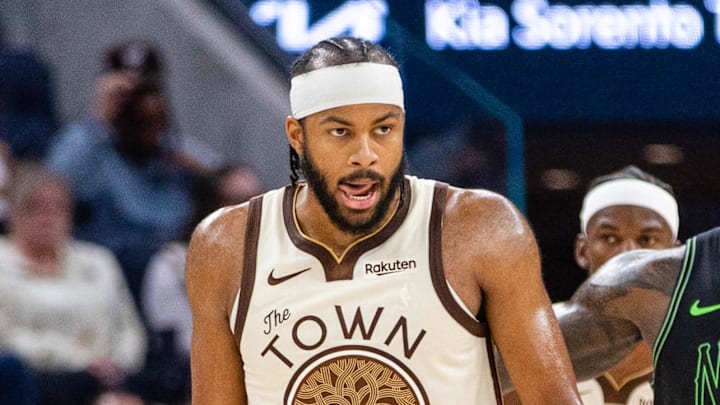 Nov 29, 2025; San Francisco, California, USA; Golden State Warriors guard Moses Moody (4) reacts during the second quarter against the New Orleans Pelicans at Chase Center. Mandatory Credit: John Hefti-Imagn Images