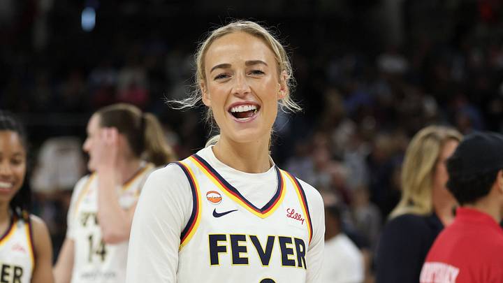 Sophie Cunningham of the Indiana Fever is seen smiling after a WNBA game. Sophie Cunningham of the Indiana Fever is seen smiling after a WNBA game.
