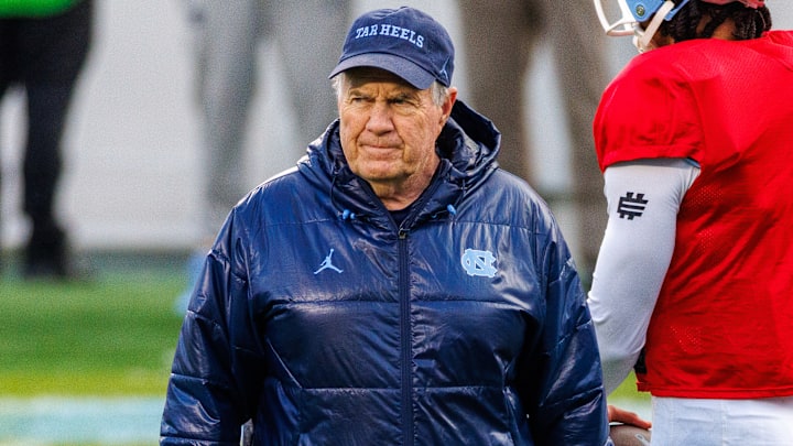 Head coach Bill Belichick of the North Carolina Tar Heels coaches at Kenan Stadium on April 12, 2025 in Chapel Hill, North Carolina.