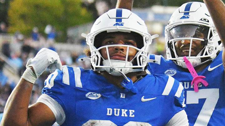 Oct 17, 2026; Durham, North Carolina, USA;  Duke Blue Devils running back Nate Sheppard (20) celebrates his touchdown during the fourth quarter against the North Carolina Tar Heels with Duke Blue Devils wide receiver Jared Richardson (17) at Wallace Wade Stadium.  Mandatory Credit: Zachary Taft-Imagn Images