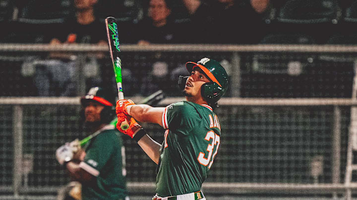Miami freshman catcher Alonzo Alverez with his first home run of the season against Indiana State 