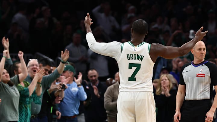 Mar 25, 2026; Boston, Massachusetts, USA; Boston Celtics guard Jaylen Brown (7) celebrates during the fourth quarter of their win over the Oklahoma City Thunder at TD Garden. Mandatory Credit: Winslow Townson-Imagn Images