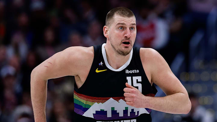 Jan 30, 2026; Denver, Colorado, USA; Denver Nuggets center Nikola Jokic (15) in the second quarter against the Los Angeles Clippers at Ball Arena.