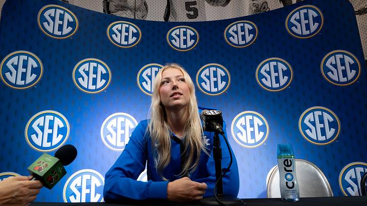 Oct 14, 2025; Birmingham, Alabama, USA; Kentucky player Clara Strack talks to media at SEC Media Day in the Grand Bohemian Hotel. Oct 14, 2025; Birmingham, Alabama, USA; Kentucky player Clara Strack talks to media at SEC Media Day in the Grand Bohemian Hotel.