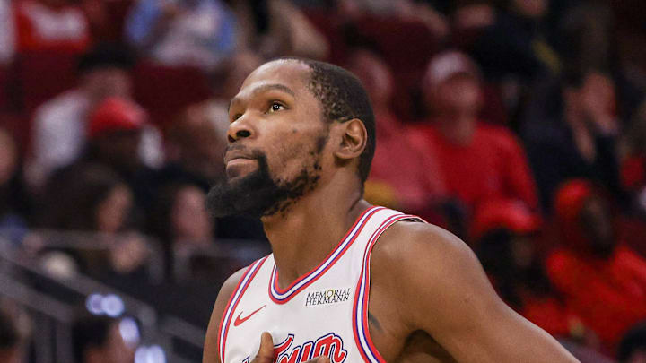 Dec 29, 2025; Houston, Texas, USA; Houston Rockets forward Kevin Durant (7) watches the replay board during a break against the Indiana Pacers in the third quarter at Toyota Center. Mandatory Credit: Thomas Shea-Imagn Images