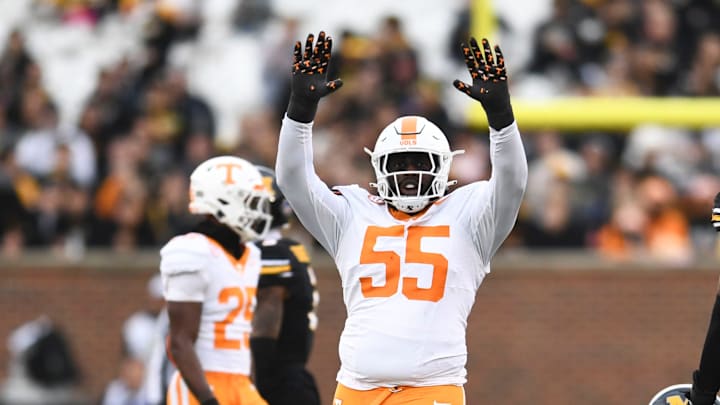 Tennessee defensive lineman Omarr Norman-Lott (55) celebrating after tackling Missouri quarterback Brady Cook (12) during an NCAA college football game on Saturday, November 11, 2023 in Columbia, MO.