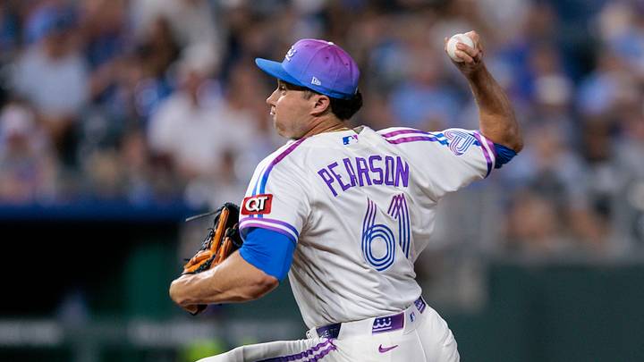 Aug 21, 2026; Kansas City, Missouri, USA;  Kansas City Royals pitcher Nate Pearson (61) pitches during the ninth inning against the Detroit Tigers at Kauffman Stadium.  Mandatory Credit: William Purnell-Imagn Images