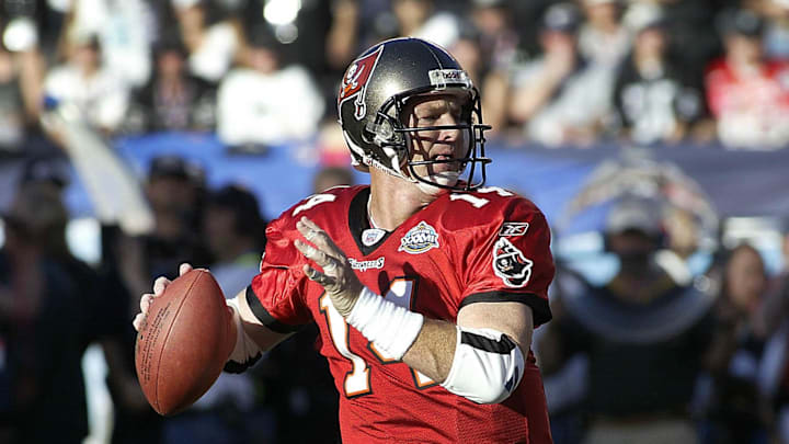 Tampa Bay Buccaneers quarterback Brad Johnson (14) in action against the Oakland Raiders during Super Bowl XXXVII. Tampa Bay Buccaneers quarterback Brad Johnson (14) in action against the Oakland Raiders during Super Bowl XXXVII.