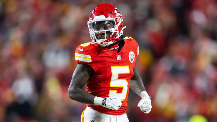 Jan 26, 2025; Kansas City, MO, USA; Kansas City Chiefs wide receiver Hollywood Brown (5) against the Buffalo Bills in the AFC Championship game at GEHA Field at Arrowhead Stadium. Mandatory Credit: Mark J. Rebilas-Imagn Images