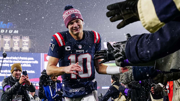 Jan 18, 2026; Foxborough, MA, USA; New England Patriots quarterback Drake Maye (10) exits the field after defeating the Houston Texans in an AFC Divisional Round game at Gillette Stadium. Mandatory Credit: David Butler II-Imagn Images