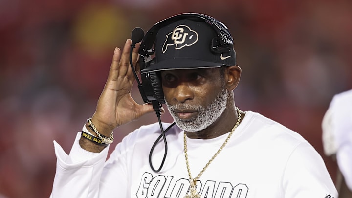 Sep 12, 2025; Houston, Texas, USA; Colorado Buffaloes head coach Deion Sanders reacts during the second quarter against the Houston Cougars at TDECU Stadium. 