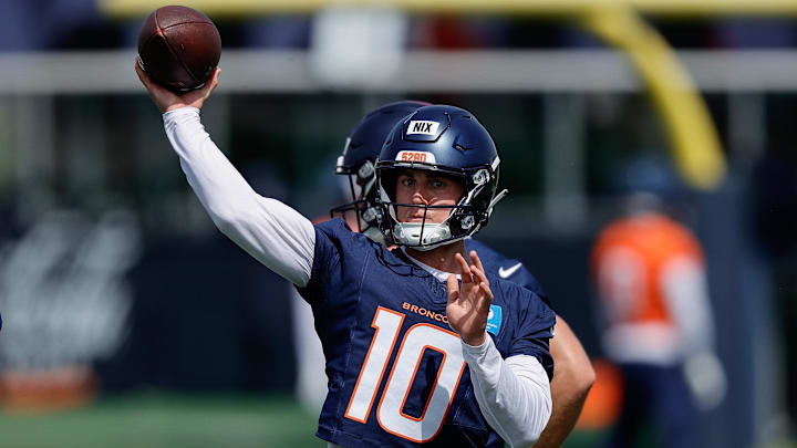 Jul 24, 2025; Englewood, CO, USA; Denver Broncos quarterback Bo Nix (10) during Denver Broncos Training Camp. Mandatory Credit: Isaiah J. Downing-Imagn Images