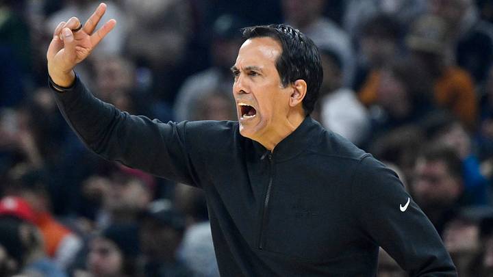 Miami Heat head coach Erik Spoelstra reacts (Mandatory Credit: David Richard-Imagn Images)