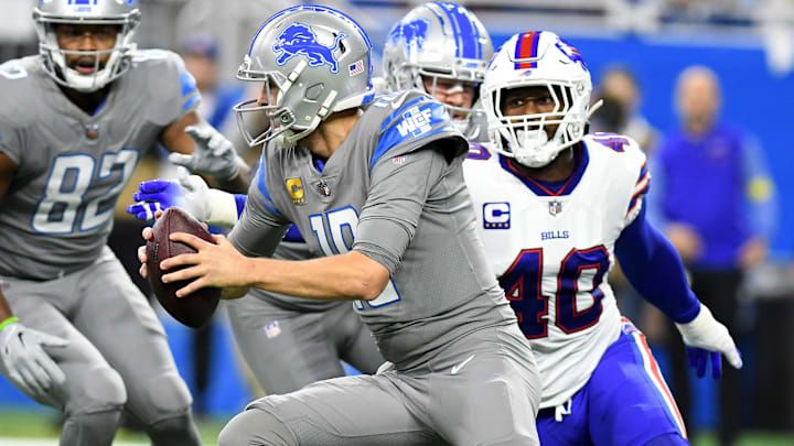 Detroit Lions quarterback Jared Goff (16) scrambles away from Buffalo Bills linebacker Von Miller (40). Detroit Lions quarterback Jared Goff (16) scrambles away from Buffalo Bills linebacker Von Miller (40).