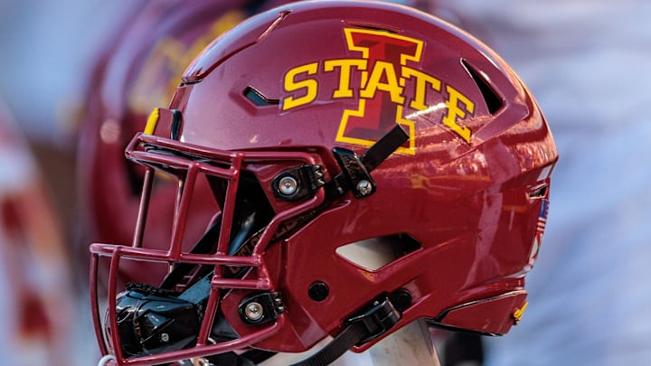 Nov 9, 2024; Kansas City, Missouri, USA; Iowa State Cyclones helmets on the bench during the first quarter against the Kansas Jayhawks at GEHA Field at Arrowhead Stadium. 