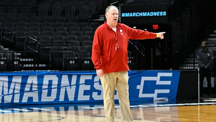 Mar 18, 2026; Portland, OR, USA; Wisconsin Badgers head coach Greg Gard directs drills during a practice session ahead of the first round of the men's 2026 NCAA Tournament at Moda Center. Mandatory Credit: Craig Strobeck-Imagn Images