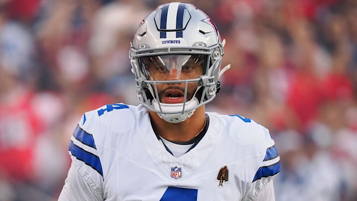 Oct 27, 2024; Santa Clara, California, USA; Dallas Cowboys quarterback Dak Prescott (4) before the game against the San Francisco 49ers at Levi's Stadium. Mandatory Credit: Kelley L Cox-Imagn Images