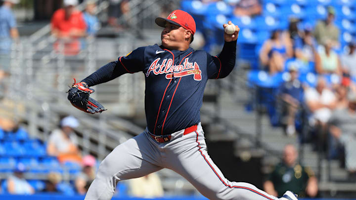 Mar 10, 2026; Dunedin, Florida, USA;  Atlanta Braves pitcher Jose Suarez (54) throws during the fifth inning against the Toronto Blue Jays at TD Ballpark. Mandatory Credit: Kim Klement Neitzel-Imagn Images