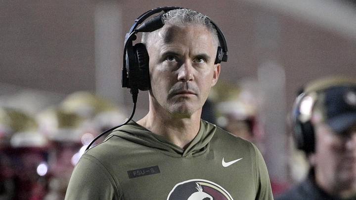 Nov 15, 2025; Tallahassee, Florida, USA; Florida State Seminoles head coach Mike Norvell during the second half against the Virginia Tech Hokies at Doak S. Campbell Stadium. Mandatory Credit: Melina Myers-Imagn Images