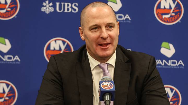 Nov 22, 2025; Elmont, New York, USA; New York Islanders General Manager Mathieu Darche speaks with fans at a pre-game event prior to the game against the St. Louis Blues at UBS Arena. Mandatory Credit: Wendell Cruz-Imagn Images