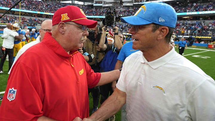Sep 29, 2024; Inglewood, California, USA; Kansas City Chiefs coach Andy Reid shakes hands with Los Angeles Chargers coach Jim Harbaugh after the game at SoFi Stadium. Mandatory Credit: Kirby Lee-Imagn Images Sep 29, 2024; Inglewood, California, USA; Kansas City Chiefs coach Andy Reid shakes hands with Los Angeles Chargers coach Jim Harbaugh after the game at SoFi Stadium. Mandatory Credit: Kirby Lee-Imagn Images