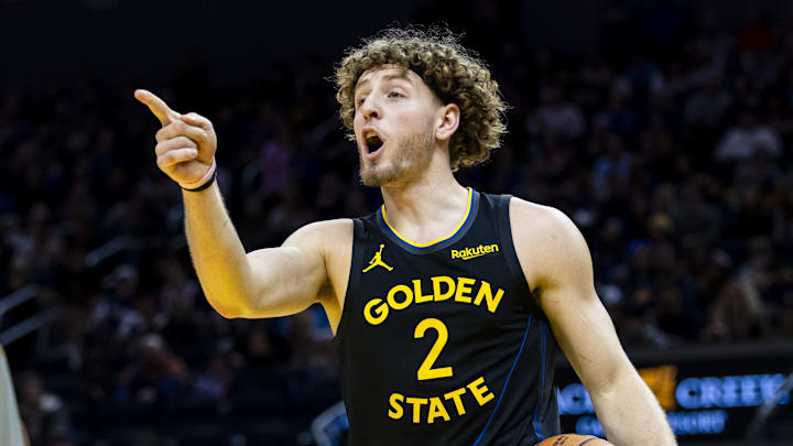 Dec 20, 2025; San Francisco, California, USA; Golden State Warriors guard Brandin Podziemski (2) reacts after he is called for a foul against a Phoenix Suns player during the fourth quarter at Chase Center. Mandatory Credit: John Hefti-Imagn Images