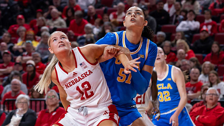 Jess Petrie was one of several Huskers who found it hard to hold their own against 6'7 Lauren Betts in UCLA's 83-61 win over Nebraska.