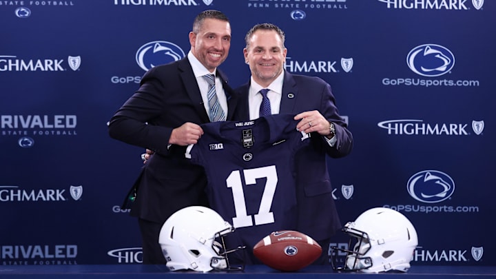 Dec 8, 2025; University Park, PA, USA; Matt Campbell, left, and Penn State University athletic director Pat Kraft, right, pose for a photo after Matt Campbell is announced as the Penn State Nittany Lions new head coach during a press conference at the Beaver Stadium Press Room. Mandatory Credit: Matthew O'Haren-Imagn Images Dec 8, 2025; University Park, PA, USA; Matt Campbell, left, and Penn State University athletic director Pat Kraft, right, pose for a photo after Matt Campbell is announced as the Penn State Nittany Lions new head coach during a press conference at the Beaver Stadium Press Room. Mandatory Credit: Matthew O'Haren-Imagn Images