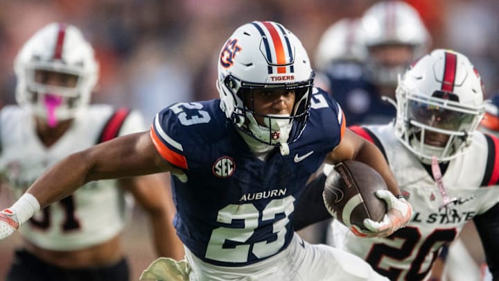 Auburn Tigers running back Jeremiah Cobb (23) breaks free for a touchdown as Auburn Tigers take on Ball State Cardinals at Jordan-Hare Stadium in Auburn, Ala. on Saturday, Sept. 6, 2025.