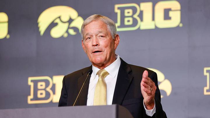 Jul 28, 2026; Chicago, IL, USA; Iowa Football head coach Kirk Ferentz speaks during Media Days at Hilton Chicago. Mandatory Credit: Kamil Krzaczynski-Imagn Images Jul 28, 2026; Chicago, IL, USA; Iowa Football head coach Kirk Ferentz speaks during Media Days at Hilton Chicago. Mandatory Credit: Kamil Krzaczynski-Imagn Images