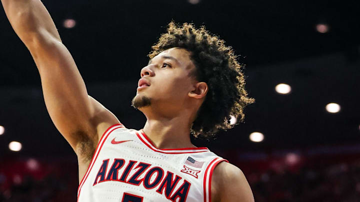 Dec 22, 2025; Tucson, Arizona, USA; Arizona Wildcats guard Brayden Burries (5) makes a three pointer during the second half of the game against the Bethune-Cookman Wildcats at McKale Memorial Center. Mandatory Credit: Aryanna Frank-Imagn Images