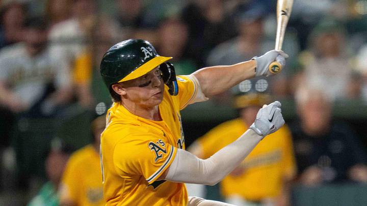 May 30, 2026; West Sacramento, California, USA; Athletics third baseman Zack Gelof (20) hits a RBI single during the eighth inning against the New York Yankees at Sutter Health Park. Mandatory Credit: Neville E. Guard-Imagn Images May 30, 2026; West Sacramento, California, USA; Athletics third baseman Zack Gelof (20) hits a RBI single during the eighth inning against the New York Yankees at Sutter Health Park. Mandatory Credit: Neville E. Guard-Imagn Images