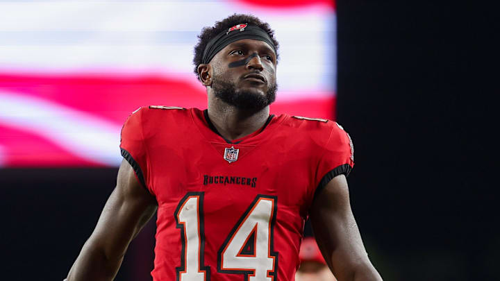 Oct 21, 2024; Tampa, Florida, USA; Tampa Bay Buccaneers wide receiver Chris Godwin (14) looks on before a game against theBaltimore Ravens at Raymond James Stadium. Mandatory Credit: Nathan Ray Seebeck-Imagn Images