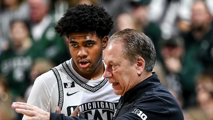 Michigan State's Jase Richardson, left, talks with head coach Tom Izzo during a break in the action in the game against Florida Atlantic on Saturday, Dec. 21, 2024, in East Lansing. Michigan State's Jase Richardson, left, talks with head coach Tom Izzo during a break in the action in the game against Florida Atlantic on Saturday, Dec. 21, 2024, in East Lansing.