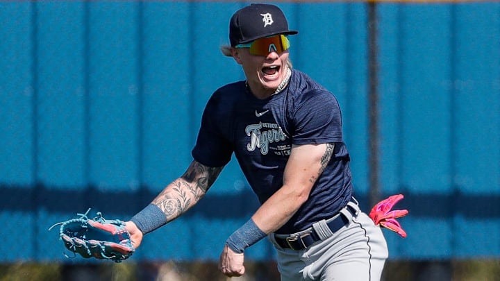 Detroit Tigers outfielder prospect Max Clark works out during spring training at TigerTown in Lakeland, Fla. on Thursday, Feb. 22, 2024.