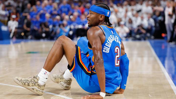 May 20, 2026; Oklahoma City, Oklahoma, USA; Oklahoma City Thunder guard Shai Gilgeous-Alexander (2) reacts to a play during the fourth quarter against the San Antonio Spurs during game two of the western conference finals for the 2026 NBA playoffs at Paycom Center. Mandatory Credit: Alonzo Adams-Imagn Images