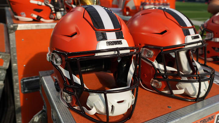 Dec 3, 2023; Inglewood, California, USA; Riddell speedflex Cleveland Browns helmets on the sidelines at SoFi Stadium. Mandatory Credit: Kirby Lee-Imagn Images