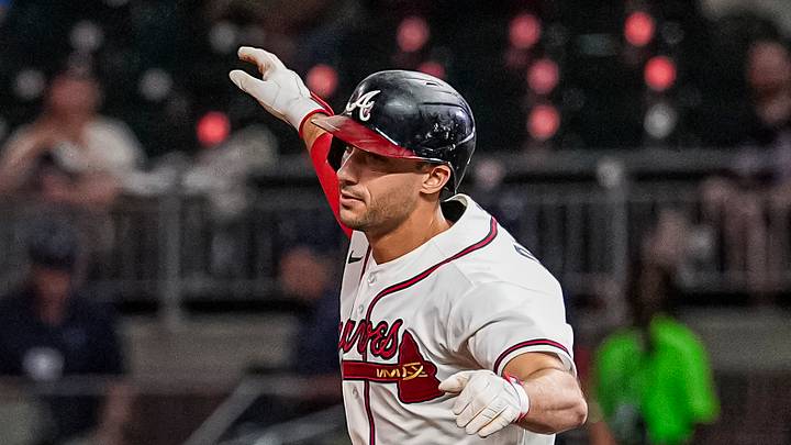 Aug 11, 2026; Cumberland, Georgia, USA; Atlanta Braves first baseman Matt Olson (28) reacts after hitting a two run home run against the New York Mets during the eighth inning at Truist Park. Mandatory Credit: Dale Zanine-Imagn Images