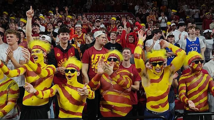 Iowa State fans cheer during Iowa State vs. Kansas in the Big-12 conference basketball showdown on Feb. 14, 2026, at Hilton Coliseum, in Ames, Iowa. Iowa State fans cheer during Iowa State vs. Kansas in the Big-12 conference basketball showdown on Feb. 14, 2026, at Hilton Coliseum, in Ames, Iowa.
