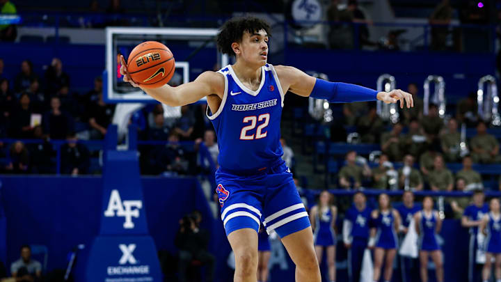 Mar 4, 2025; Colorado Springs, Colorado, USA; Boise State Broncos forward Javan Buchanan (22) controls the ball in the first half against the Air Force Falcons at Clune Arena. Mandatory Credit: Isaiah J. Downing-Imagn Images Mar 4, 2025; Colorado Springs, Colorado, USA; Boise State Broncos forward Javan Buchanan (22) controls the ball in the first half against the Air Force Falcons at Clune Arena. Mandatory Credit: Isaiah J. Downing-Imagn Images