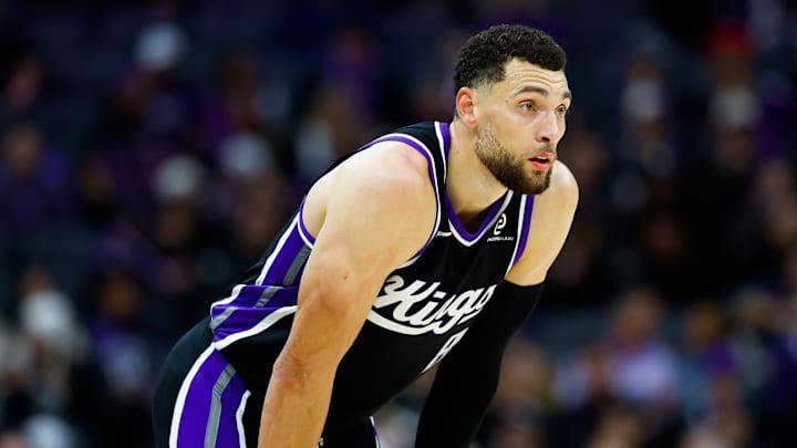 Jan 14, 2026; Sacramento, California, USA; Sacramento Kings guard Zach LaVine (8) looks on during the third quarter against the New York Knicks at Golden 1 Center.